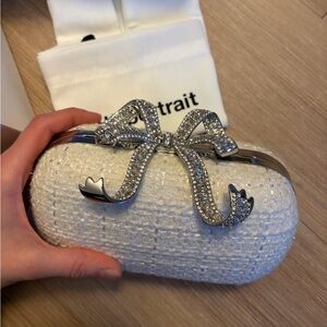 Self Portrait Clutch White Tweed & Rhinestone Bow